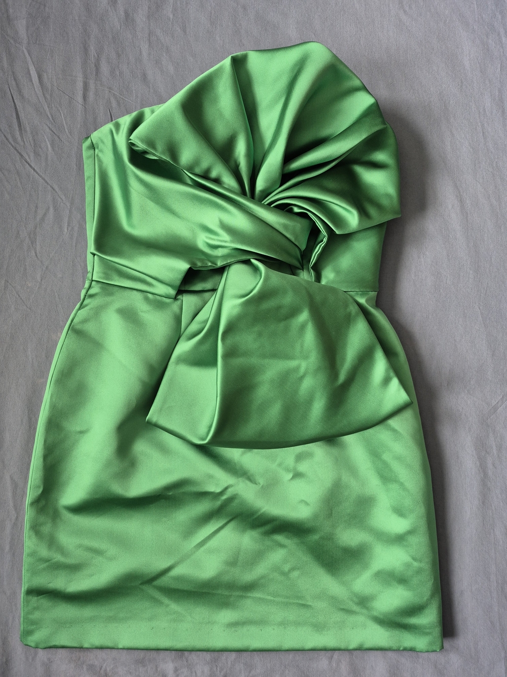 Strapless Satin Mini Dress with Sculpted Bow in Green